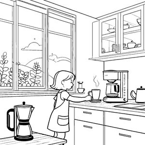 Bezaubernde Szene mit Kaffeemaschine im hellen Küchenraum Malvorlage für kleine Kaffeefreunde