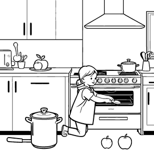 Kreatives Mädchen beim Kochen am Elektroherd Ausmalmotiv für kleine Küchenzauberer