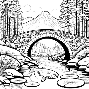 Spritziger Lachs unter der malerischen Brücke Ausmalmotiv für junge Wasserliebhaber
