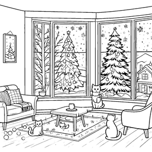 Magische Katzen unterm festlichen Weihnachtsbaum Ausmalvorlage für liebevolle Tierfreunde