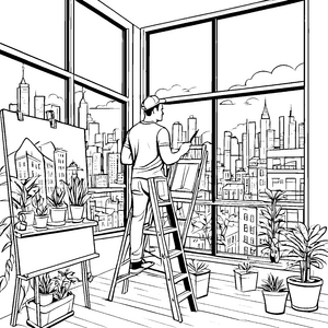 Kreativer Maler mit Blick auf die Stadt Ausmalmotiv für fantasievolle Künstler