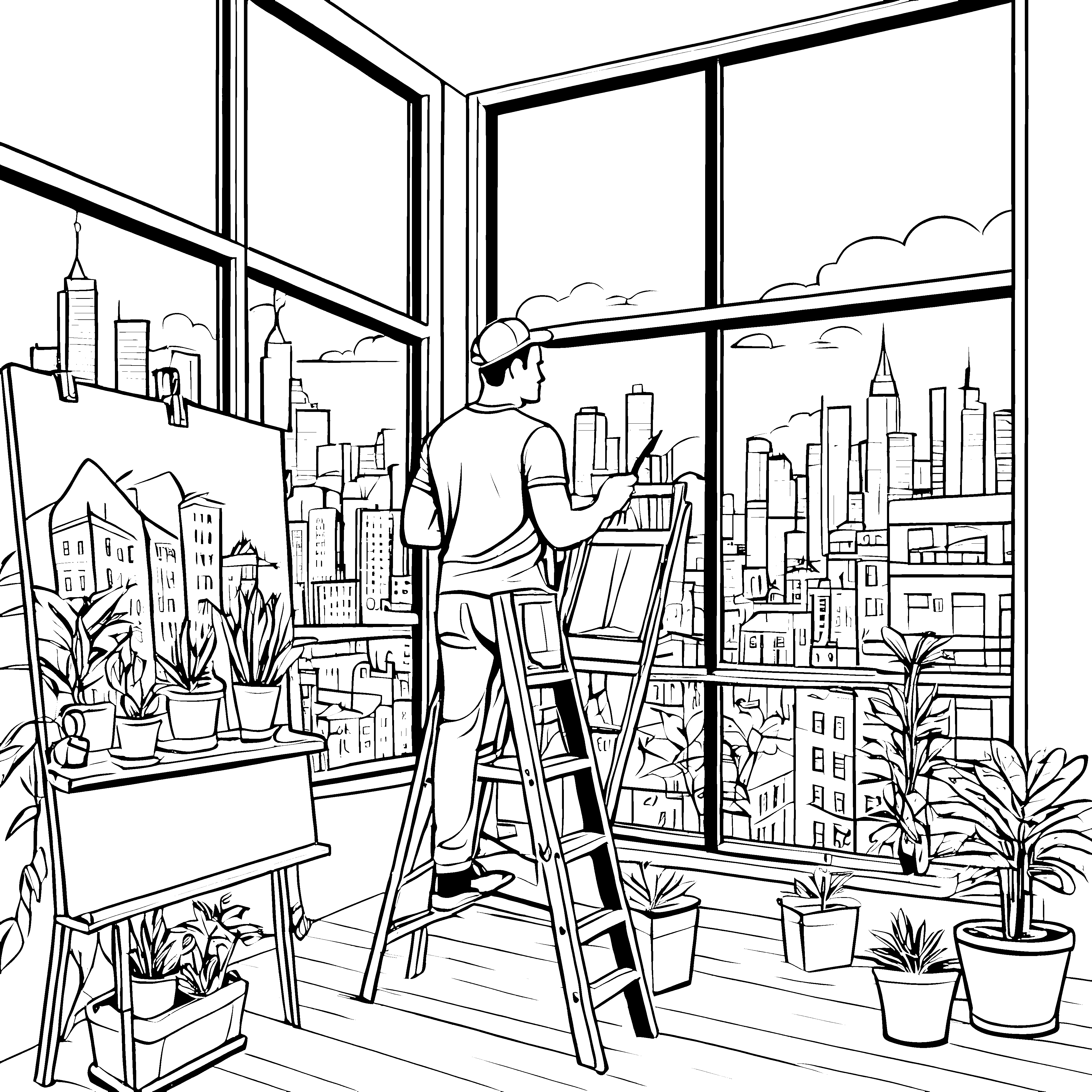 Kreativer Maler mit Blick auf die Stadt Ausmalmotiv für fantasievolle Künstler