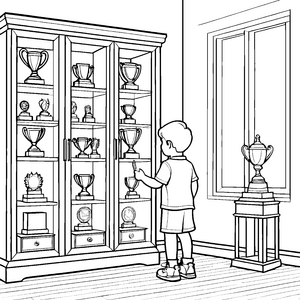 Fantasievoller Trophäenschrank voller glänzender Pokale Ausmalvorlage für kleine Erfolgsträumer