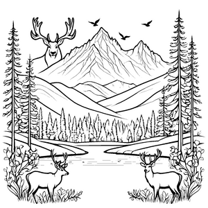 Majestätischer Riesenhirsch im traumhaften Bergpanorama Ausmalmotiv für abenteuerlustige Naturfreunde