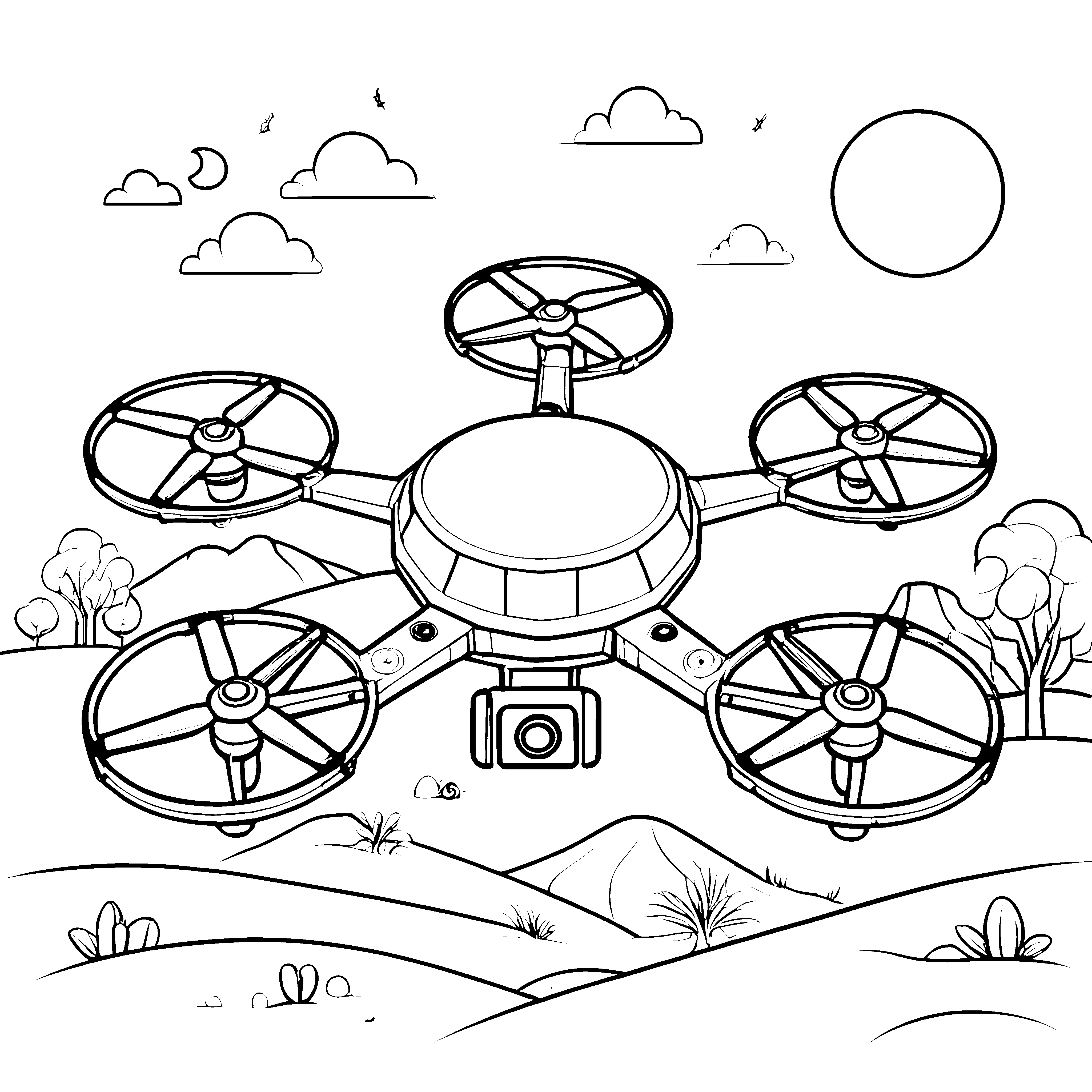 Spannende Drohne über fantastischer Landschaft Ausmalbild für junge Technikfreunde