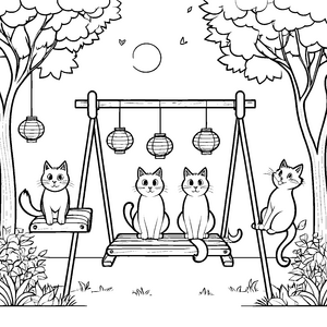 Lustige Katzen auf schwingendem Spielplatz Ausmalmotiv für einfach kreative Entdecker
