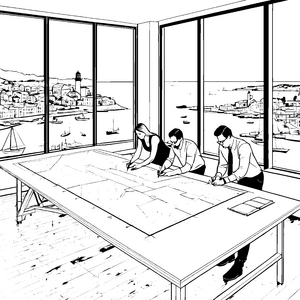 Planendes Architektenteam mit freiem Blick Ausmalmotiv für kreative Baumeister