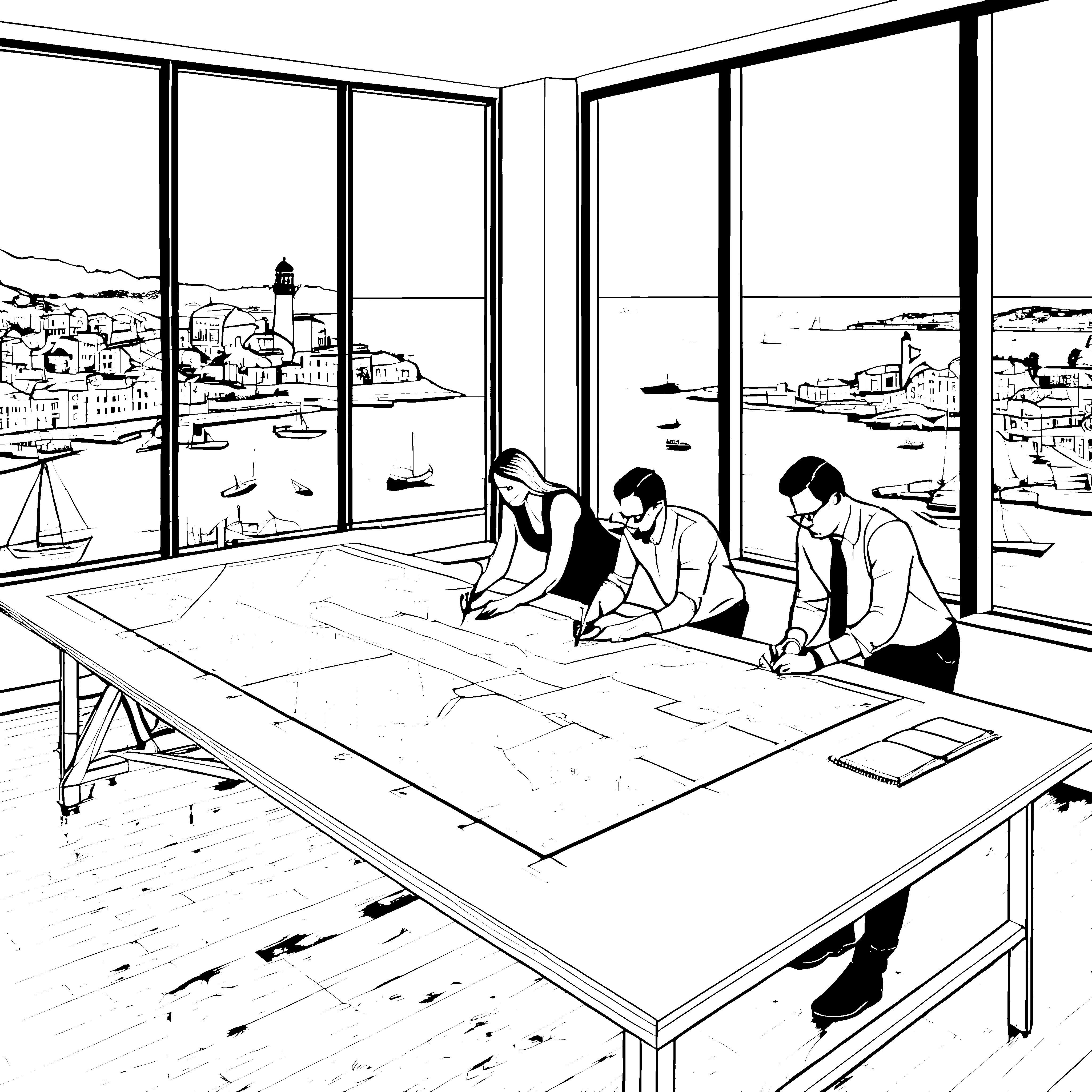 Planendes Architektenteam mit freiem Blick Ausmalmotiv für kreative Baumeister