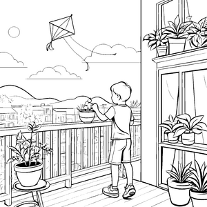 Buntes Drachenfliegen auf dem sonnigen Balkon Ausmalvorlage für kleine Gartenfreunde
