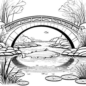Faszinierender Lachs unter der Brücke Ausmalvorlage für kleine Wasserfreunde