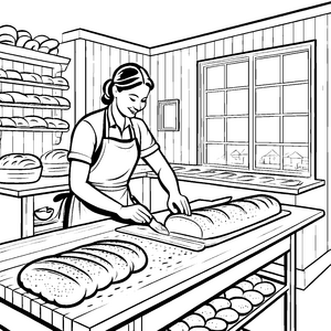 Lebendige Bäckereiszenen mit frischem Brot Ausmalvorlage für begeisterte Backkünstler