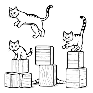 Verspielte Katzen auf witzigen Bauklötzen Ausmalbild für fröhliche Tierfans