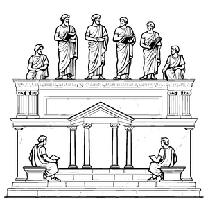 Weise Philosophen diskutieren in antiker Stätte Ausmalvorlage für neugierige Denker