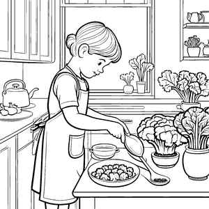 Kreative Brokkoli-Küche mit fröhlichem Koch Ausmalvorlage für kleine Küchenchefs