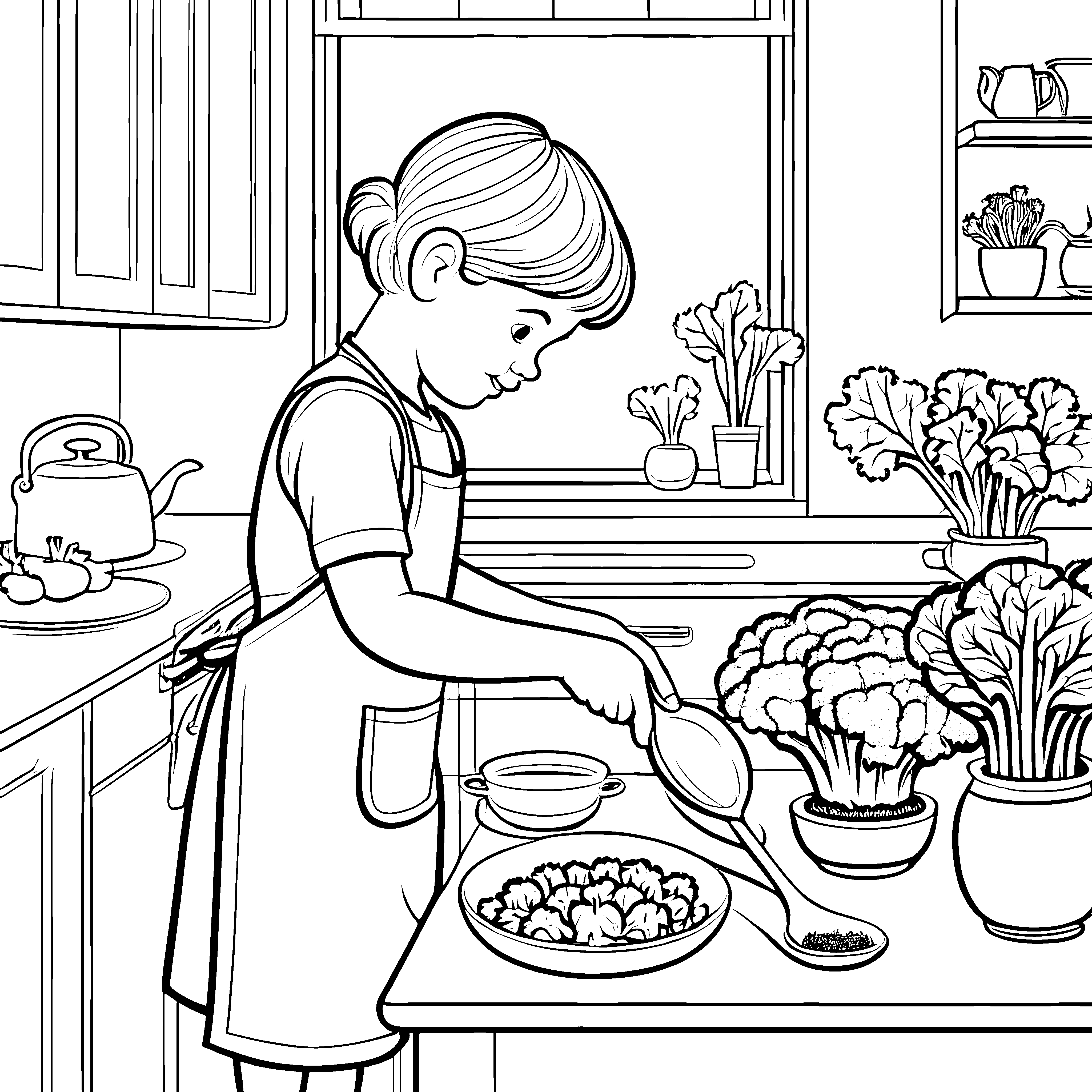 Kreative Brokkoli-Küche mit fröhlichem Koch Ausmalvorlage für kleine Küchenchefs