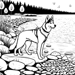 Husky am glitzernden Seeufer Malvorlage für unternehmungslustige Tierfreunde