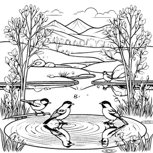 Fröhliche Vögel beim Baden am Teich Ausmalvorlage für neugierige Naturfreunde
