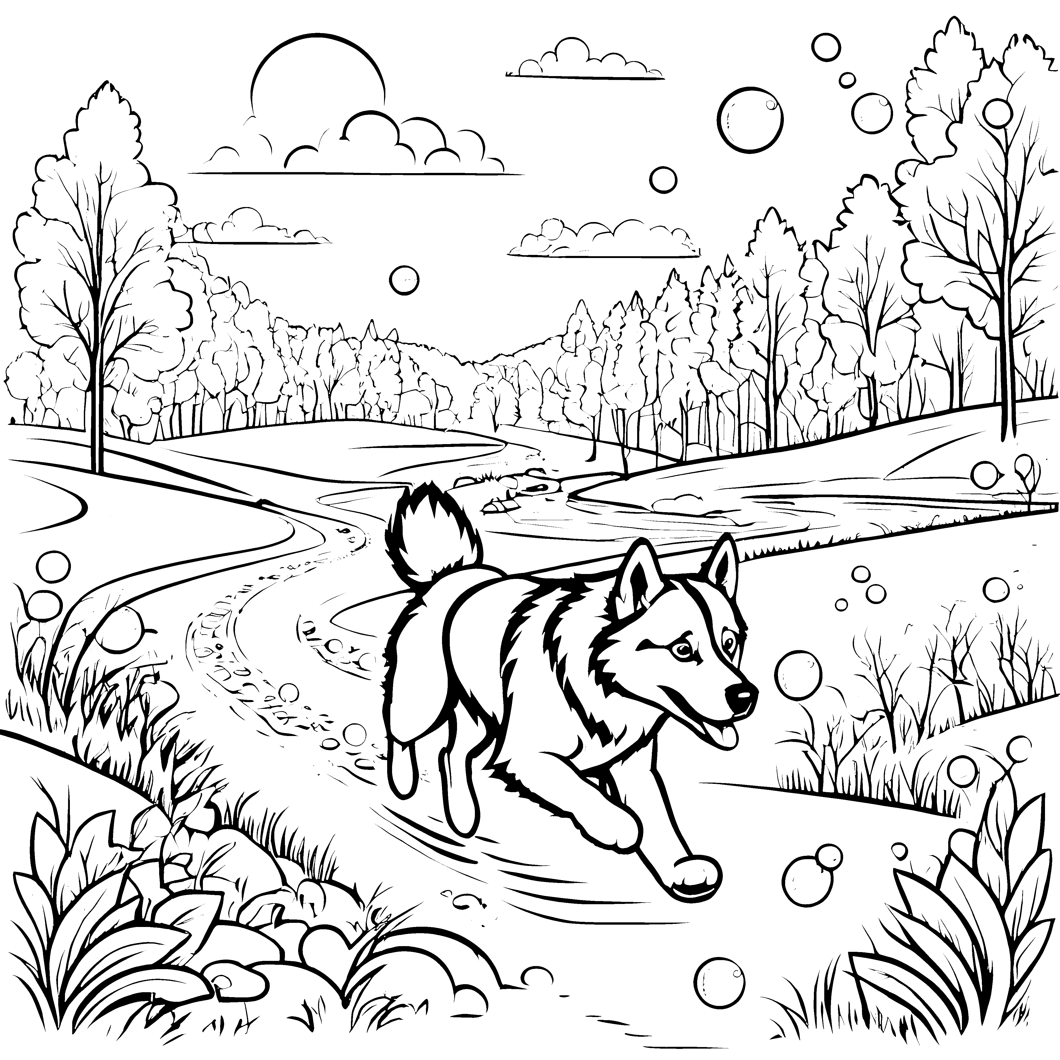 Spritziger Husky beim Spielen im sprudelnden Wasser Ausmalvorlage für fröhliche Entdecker