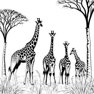 Verspielte Giraffen unter schattigen Bäumen Ausmalbild für neugierige Naturfreunde