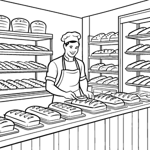 Fröhlicher Bäcker mit frisch gebackenem Brot Ausmalmotiv für kleine Küchenchefs