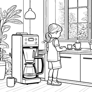 Kreative Kaffeetasse neben blendender Kaffeemaschine Ausmalbild für kleine Genussentdecker