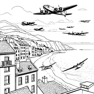 Abenteuerliche Flugzeuge über malerischer Küstenstadt Ausmalbild für junge Entdecker