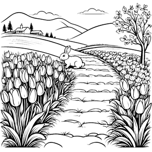 Hüpfendes Häschen zwischen bunten Tulpen Malvorlage für kleine Gartenfreunde