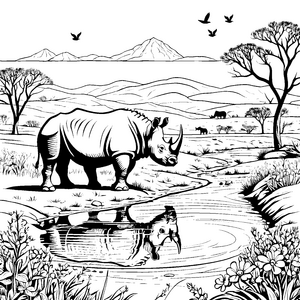 Stolzes Nashorn am glitzernden Wasserloch Ausmalvorlage für abenteuerliche Tierfreunde