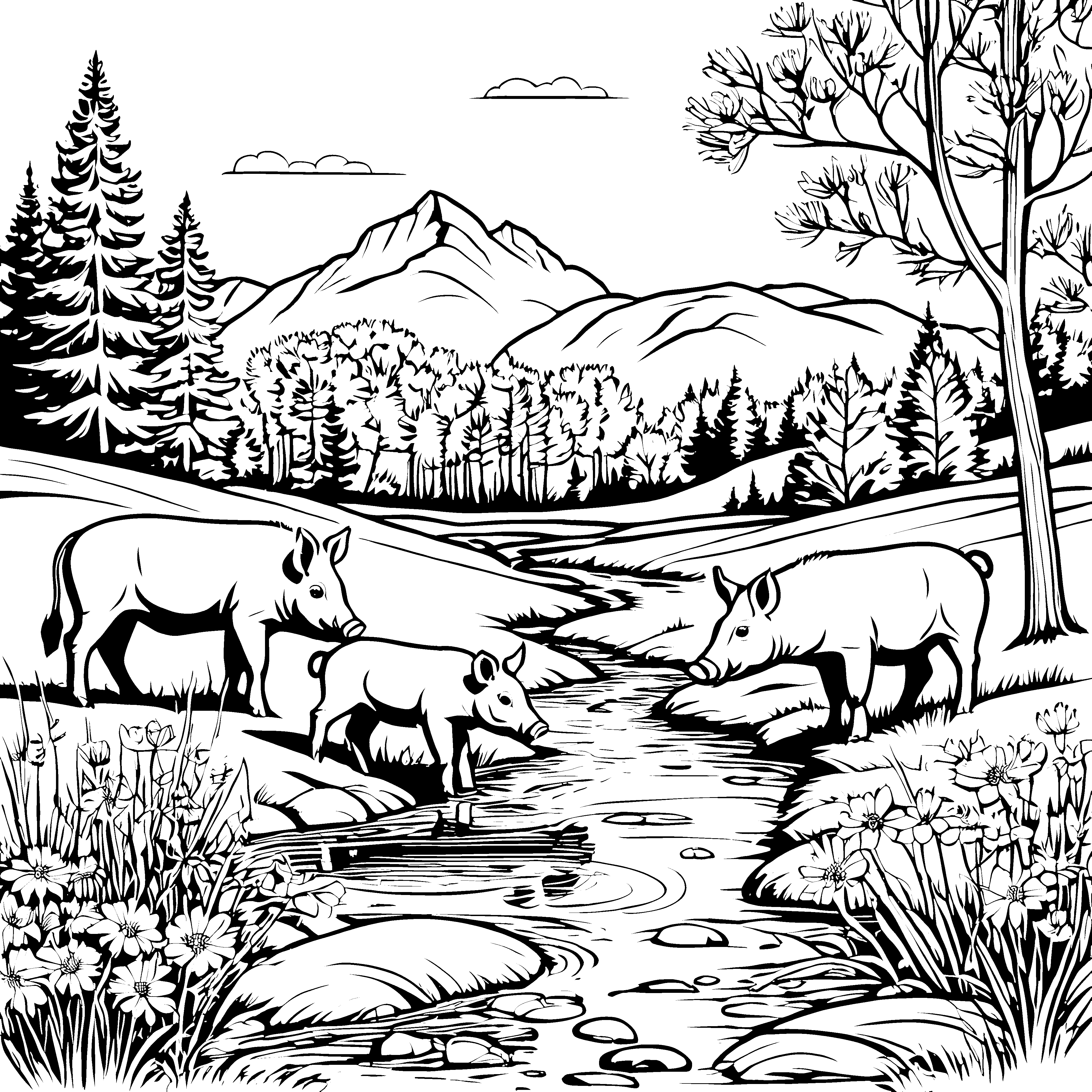 Wilde Wildschweine am sprudelnden Wasserfall Ausmalvorlage für neugierige Entdecker