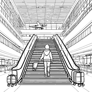 Herausfordernder Flughafen mit Reisenden und Koffern Ausmalmotiv für neugierige Abenteuerlustige