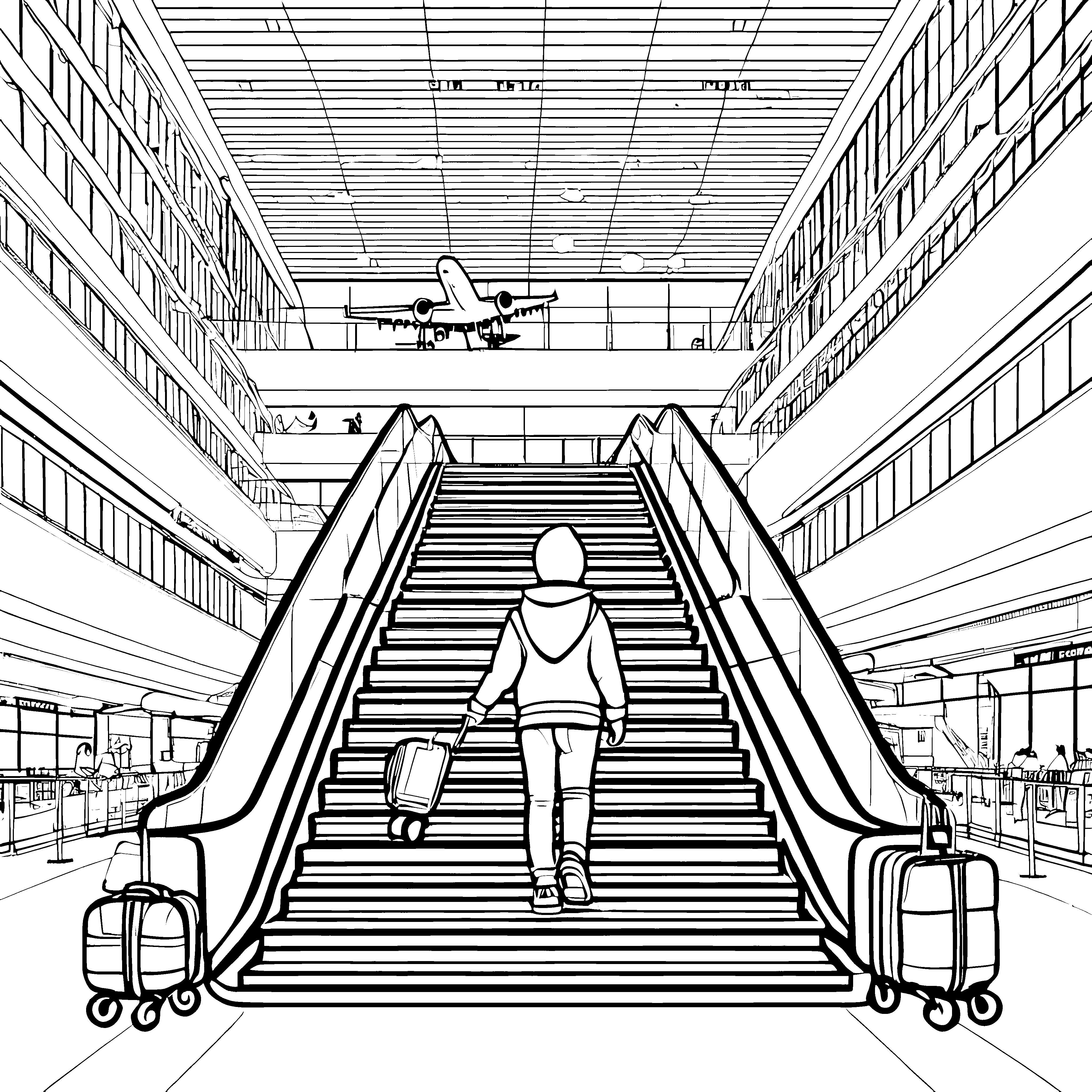 Herausfordernder Flughafen mit Reisenden und Koffern Ausmalmotiv für neugierige Abenteuerlustige