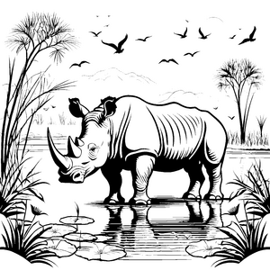 Majestätisches Nashorn am ruhigen Wasser Ausmalbild für mutige Tierfreunde