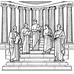 Erleuchtete griechische Philosophen im antiken Tempel Ausmalbild für wissbegierige Entdecker