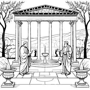 Philosophische Debatte im antiken Tempel Ausmalvorlage für kluge Köpfe