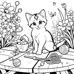 Verspielte Katze zwischen bunten Blumen Ausmalbild für kleine Spielzeugentdecker