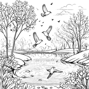 Elegant wütende Vögel über glitzerndem Wasser Ausmalbild für kreative Naturliebhaber