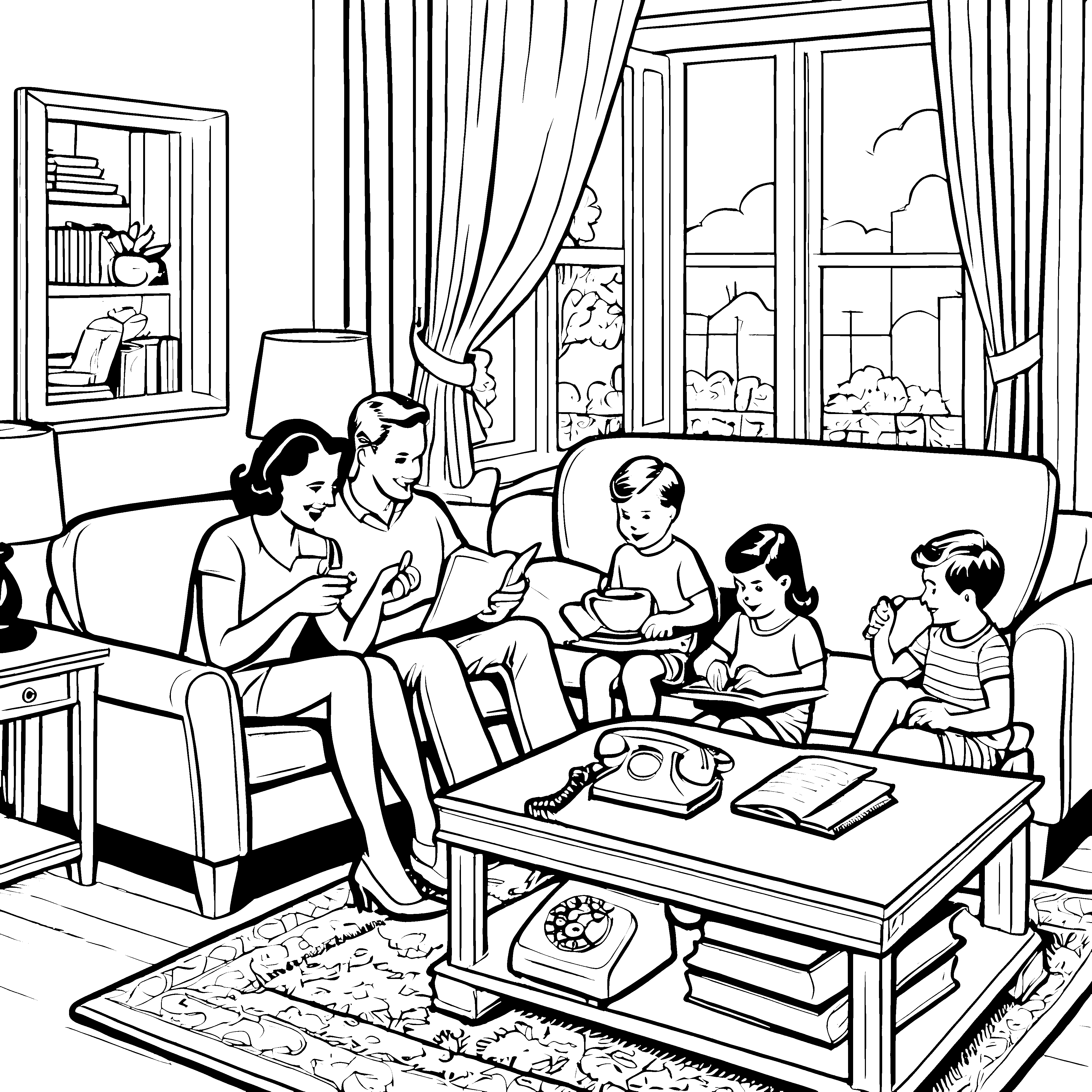Familienzeit am gemütlichen Telefon Ausmalbild für neugierige Kunstfreunde