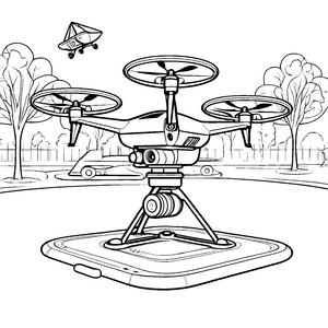 Spannende Drohne beim Fliegen über dem Boden Ausmalbild für junge Technikfans