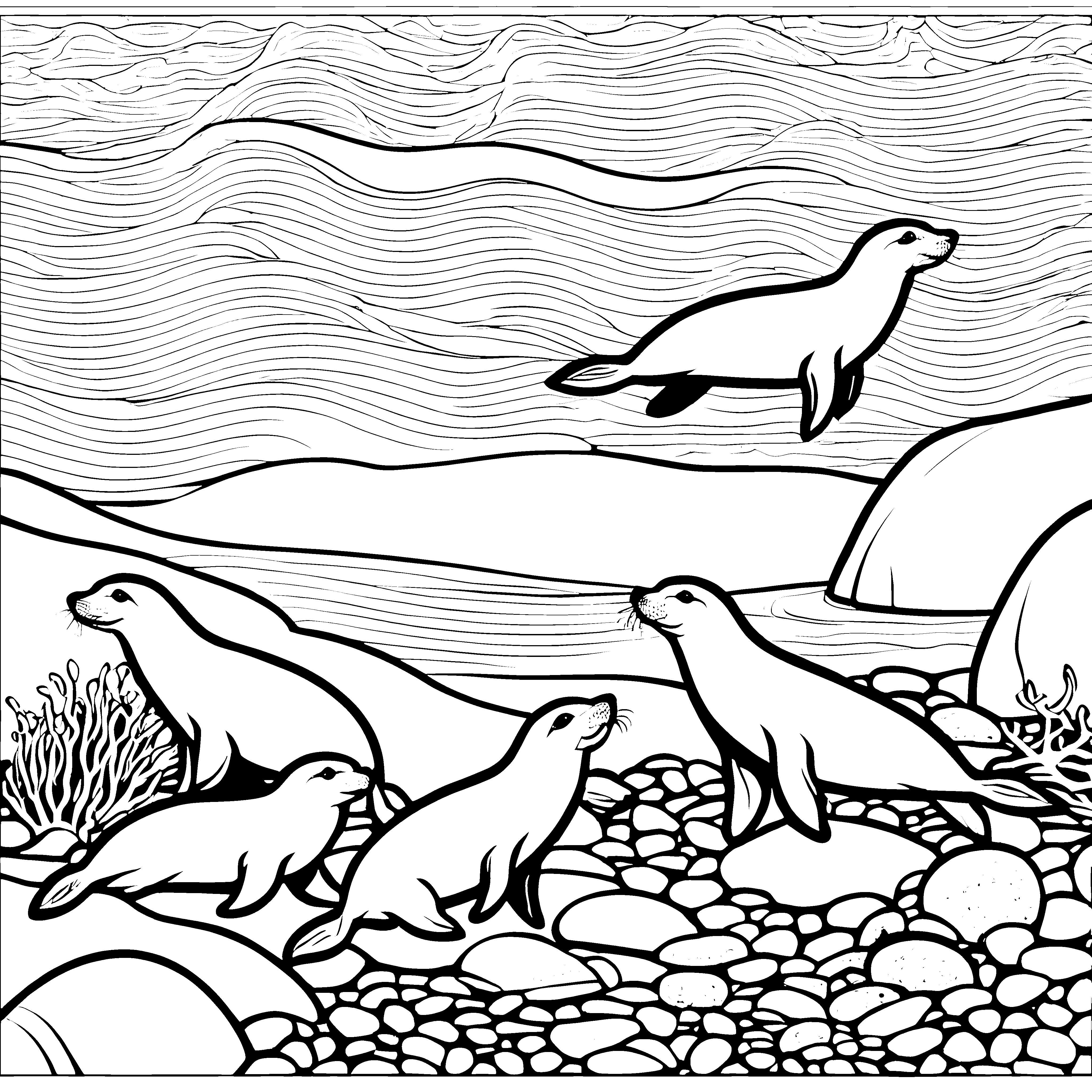 Fröhliche Robbenrunde am glitzernden Strand Ausmalbild für aufgeweckte Meeresforscher
