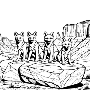 Verspielte Kojoten-Welpen auf großem Felsen Ausmalmotiv für junge Tierfreunde