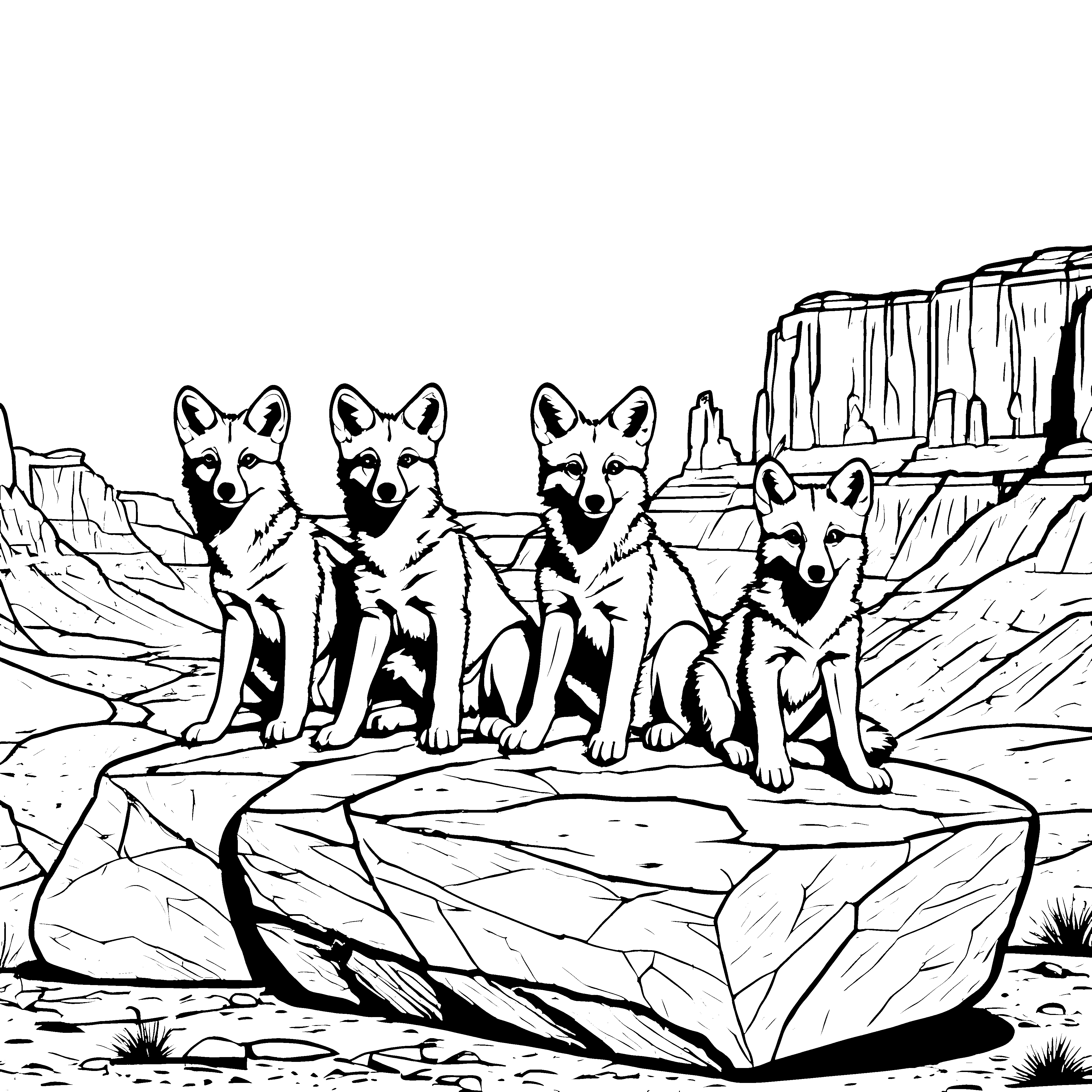 Verspielte Kojoten-Welpen auf großem Felsen Ausmalmotiv für junge Tierfreunde