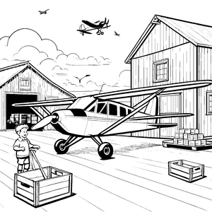 Flugzeuglandung auf dem Bauernhof Ausmalbild für mutige Abenteurer