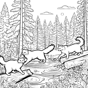 Verspielte norwegische Waldkatzen im zauberhaften Wald Ausmalvorlage für flinke Tierentdecker