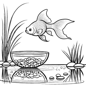 Spritziger Goldfisch im bunten Aquarium Ausmalbild für kleine Wasserfreunde
