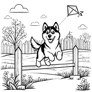 Spritziger Husky springt über den Zaun Ausmalbild für fröhliche Abenteurer