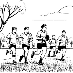 Spannende Rugbyspieler im rasanten Spiel Ausmalvorlage für sportliche Entdecker