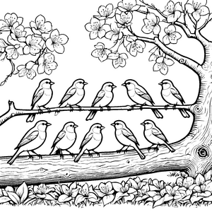 Verliebte Vögel unter blühendem Baum Ausmalvorlage für kreative Naturburschen