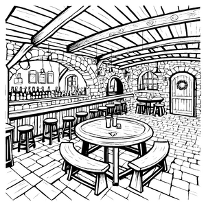 Kuschelige Taverne mit runden Holztischen Ausmalmotiv für fantasievolle Entdecker