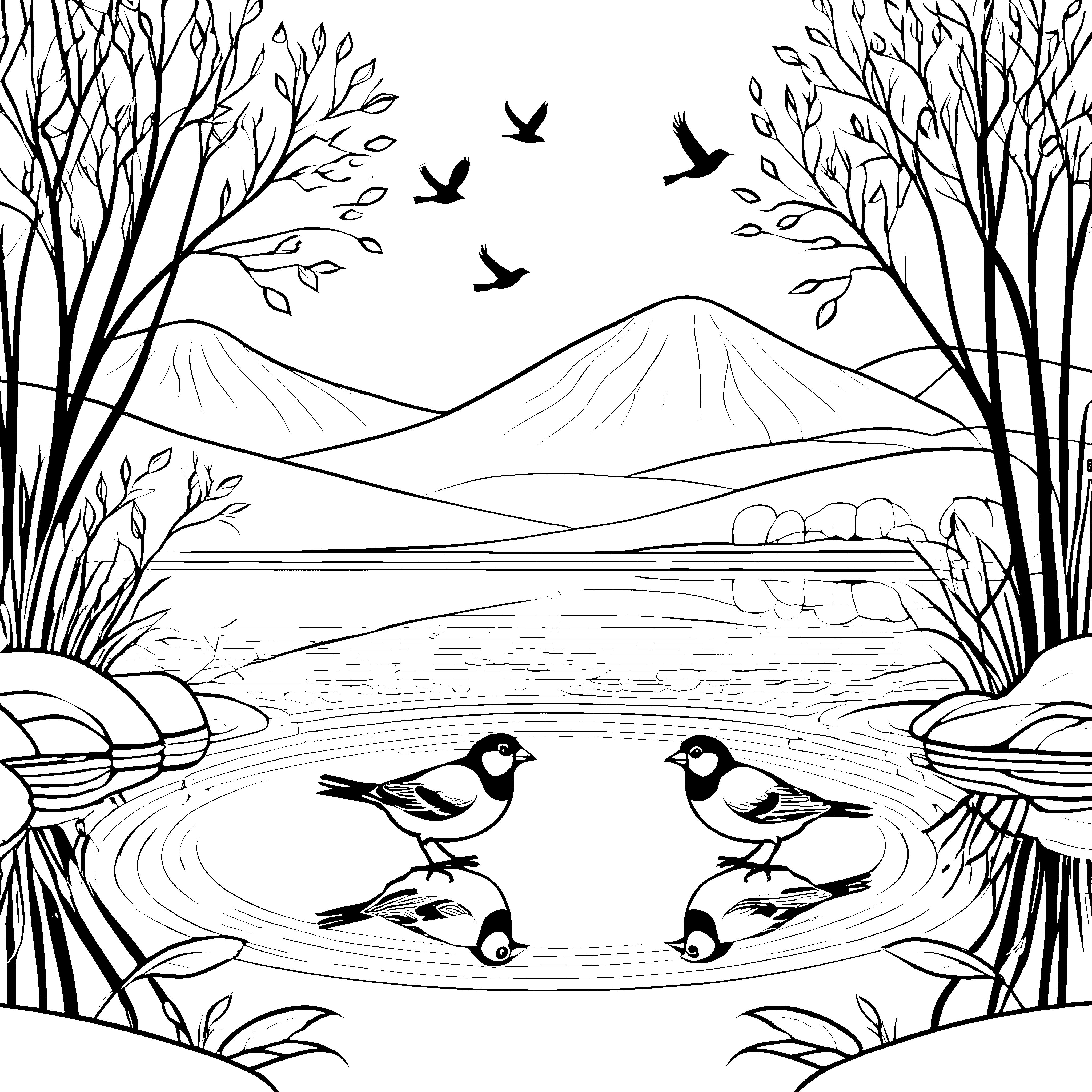 Fröhliche Vögel beim Planschen im Wasser Ausmalvorlage für neugierige Naturfreunde