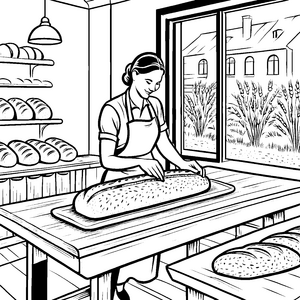 Kreative Bäckerin formt duftendes Brot Ausmalvorlage für kleine Küchenchefs
